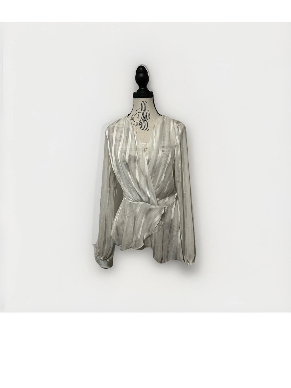 Y2K Women's Cream Size Medium Sheer Striped V Neck Long Sleeve Wrap Top Blouse - Picture 5 of 7